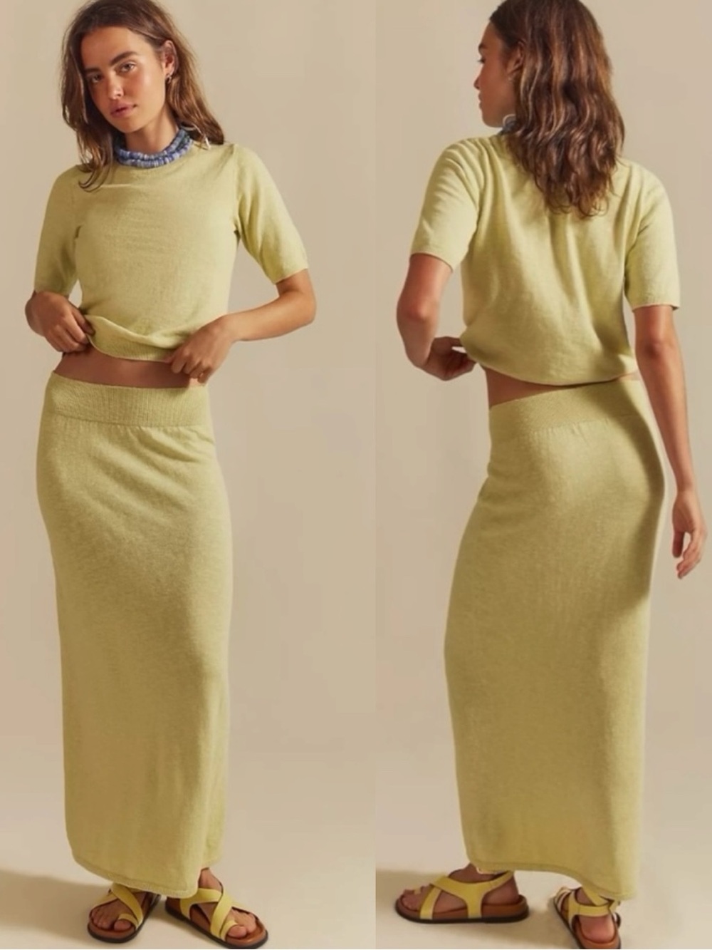 Free People Linen Blend Isabella Sweater Maxi Skirt Set Size XL Pale Yellow NWT